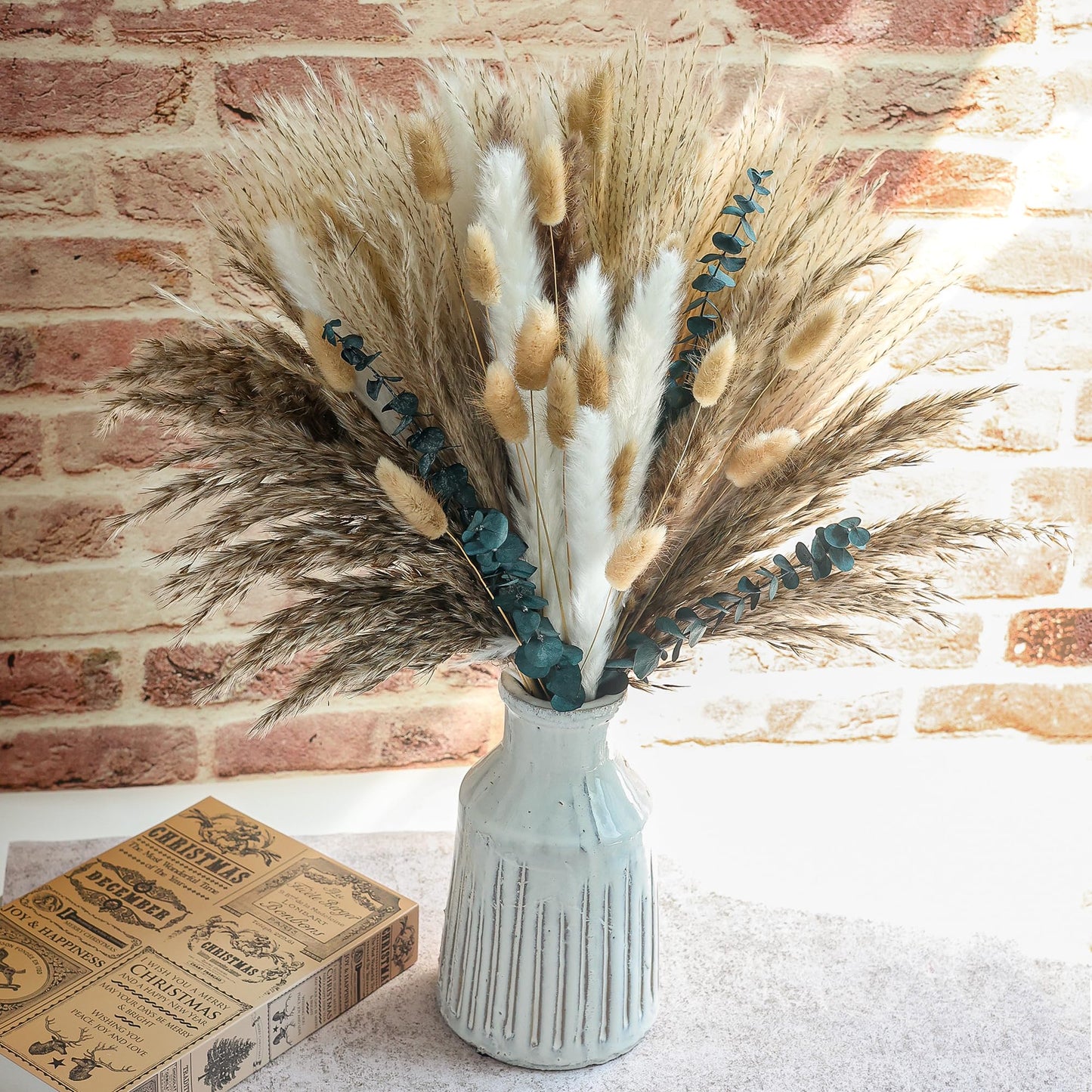 120 PCS Dried Pampas Grass Decoration, Pampas Grass with Preserved Eucalyptus Leaves Dried Flowers, Reed Grass Bouquet for Bohemian Flowers Home Table Wedding Decoration, Rustic Farmhour.(light brown)