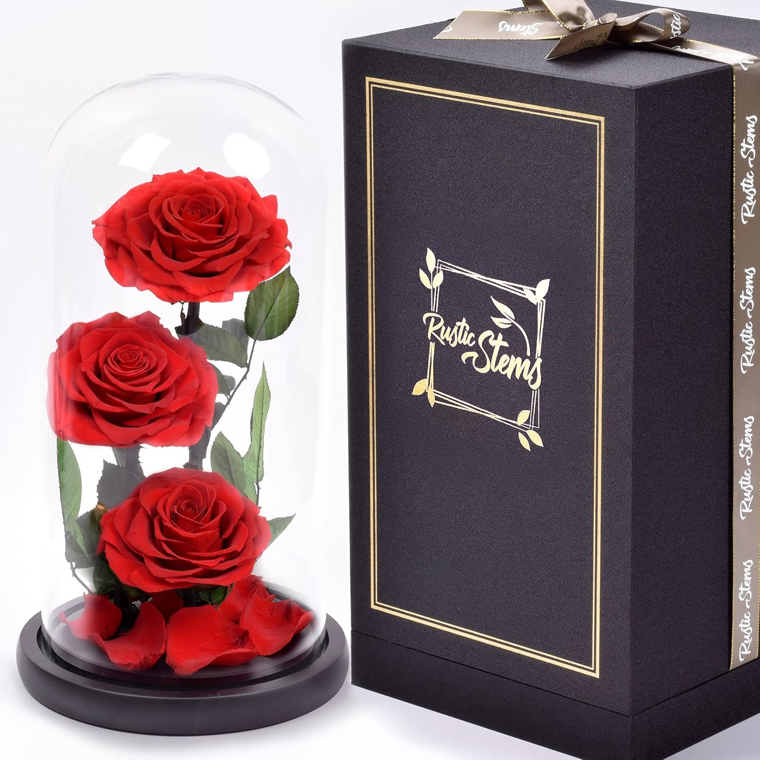 Luxury Preserved Real Rose Glass Dome Eternal Flower Forever Beauty Beast Love Gift for Mom Women Wife Girlfriend Valentine’s Wedding Birthday Anniversary Christmas Decor