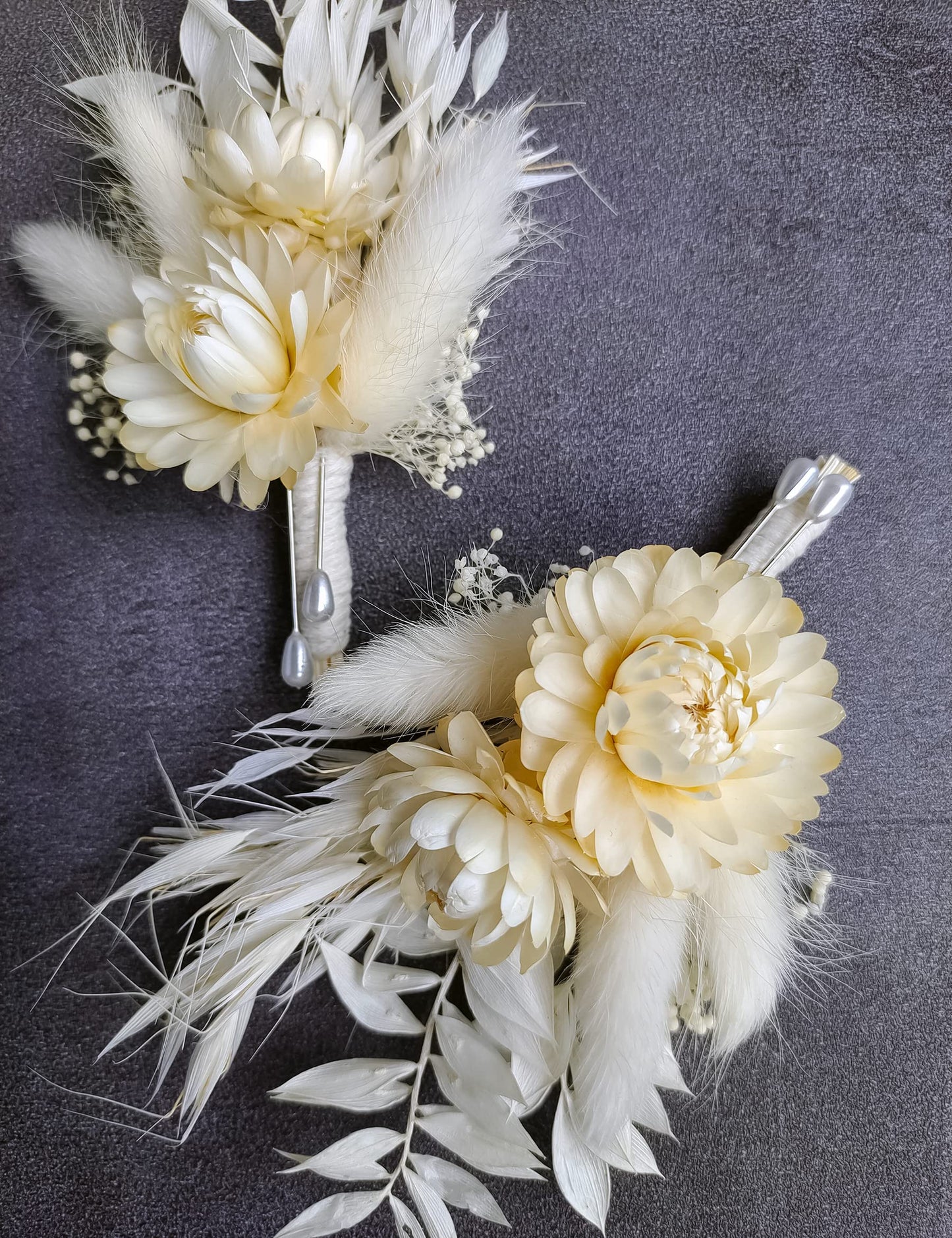 Dried Flowers Boutonnieres 2-Piece Set for Men Wedding Groom Boho Pampas White Boutonniere (White)