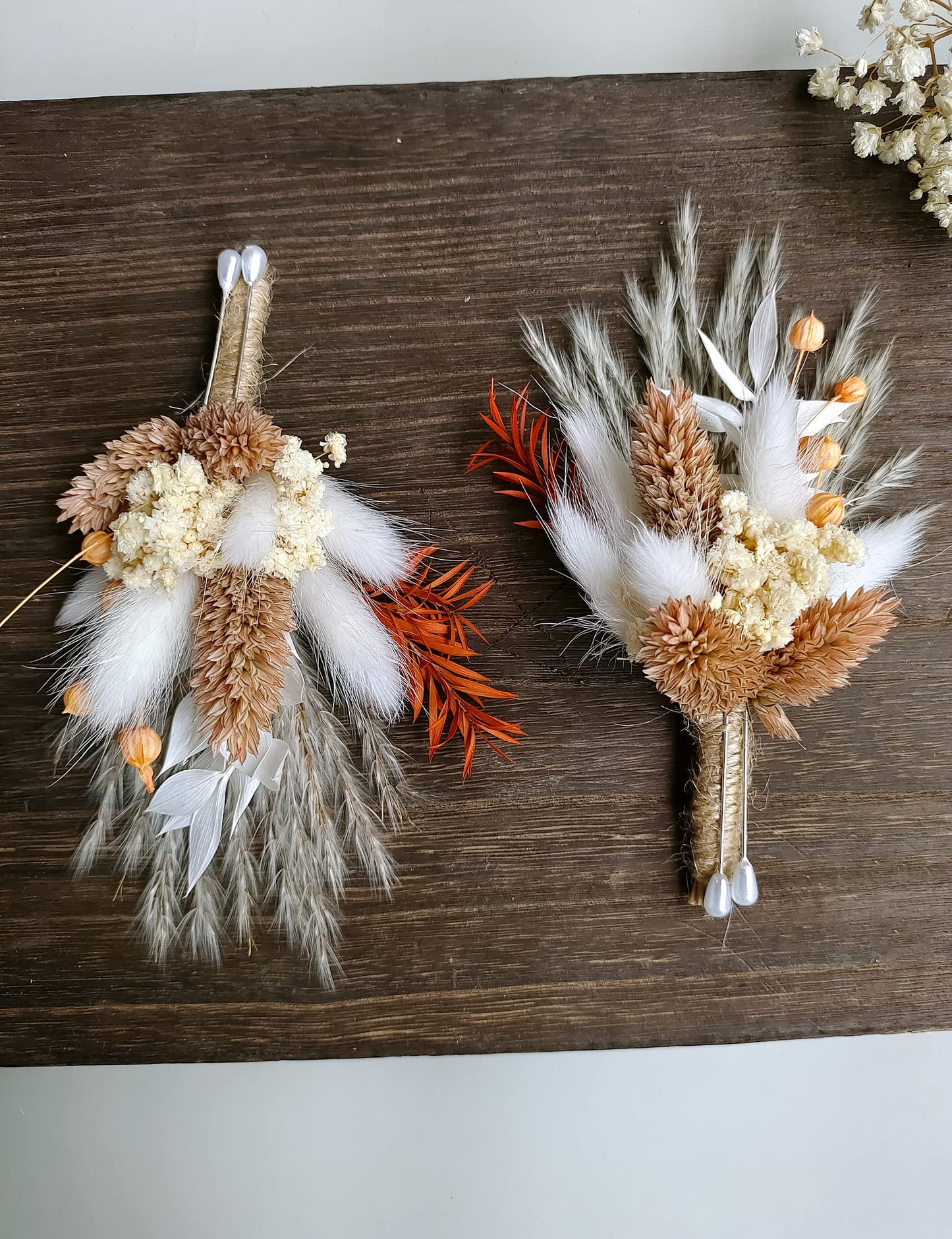 Dried Flowers Boutonnieres 2-Piece Set for Men Wedding Groom Boho Pampas White Boutonniere (White)