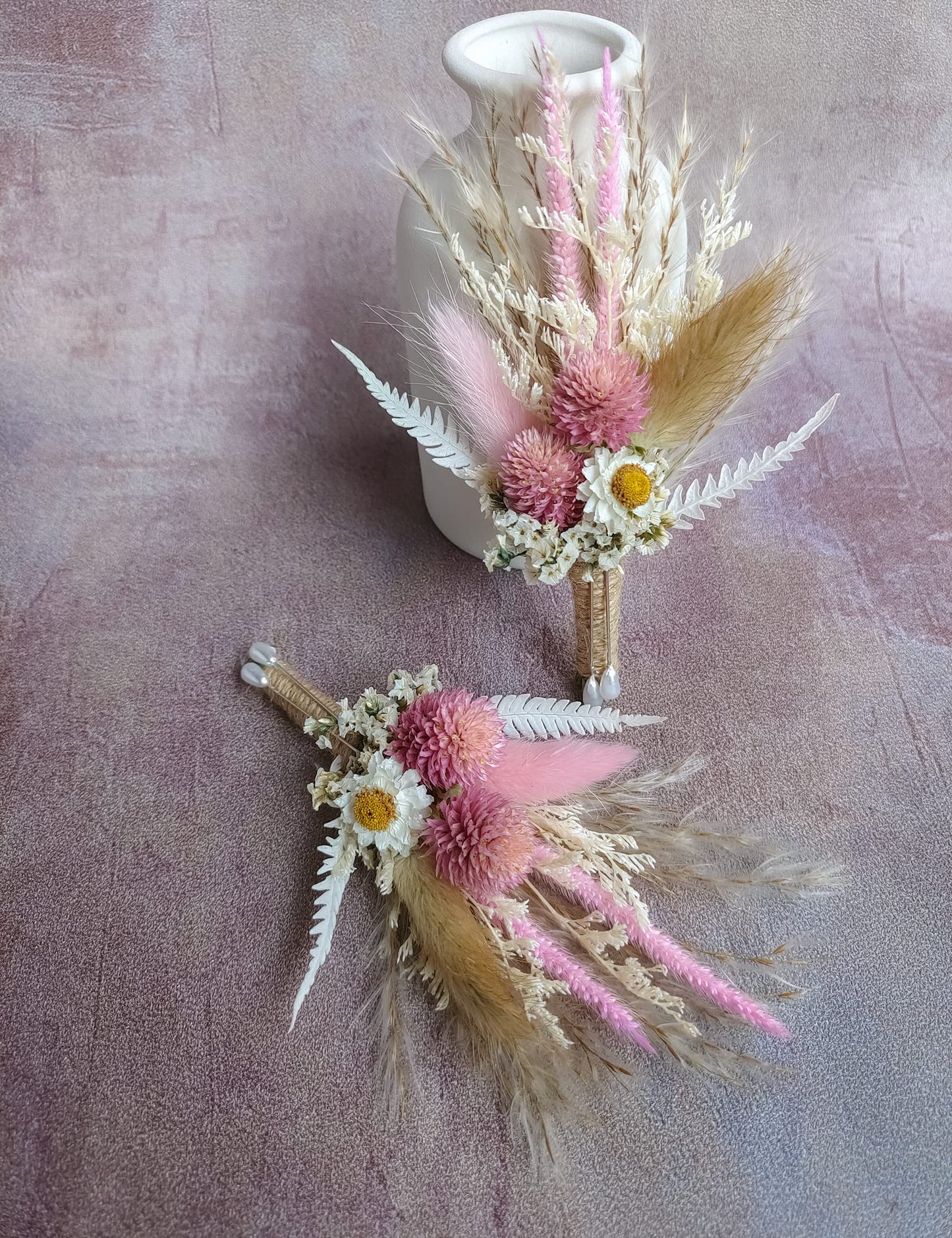 Dried Flowers Boutonnieres 2-Piece Set for Men Wedding Groom Boho Pampas White Boutonniere (White)