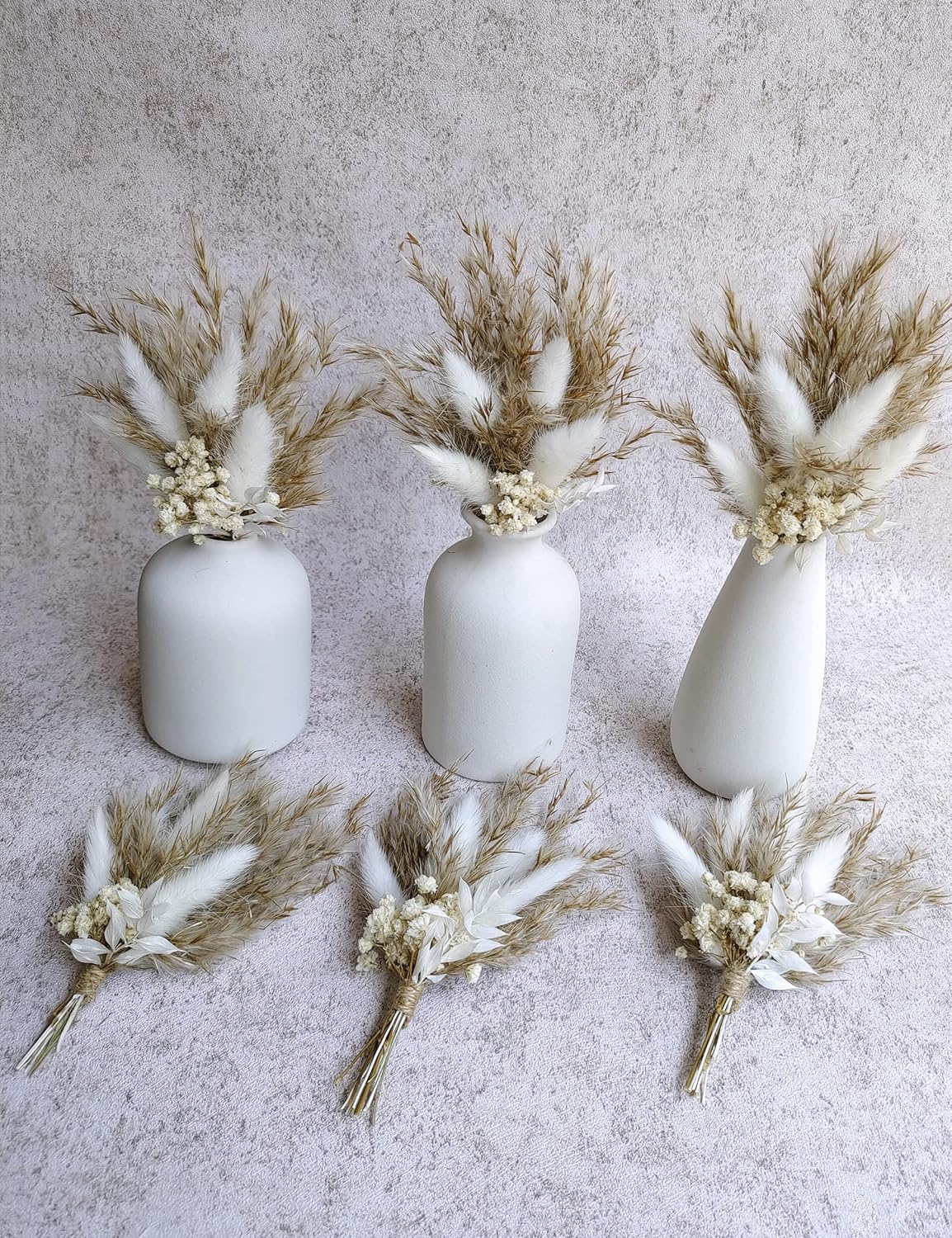 Mini Dried Flower Bouquet Set of 6, Boho Wedding Decor, Boutonniere for Men,Table Centerpieces, Dry Pampas Grass,Birthday Cake Flowers,Personalized Bridesmaid Gift Box,Small Bottles Decoration.(White)