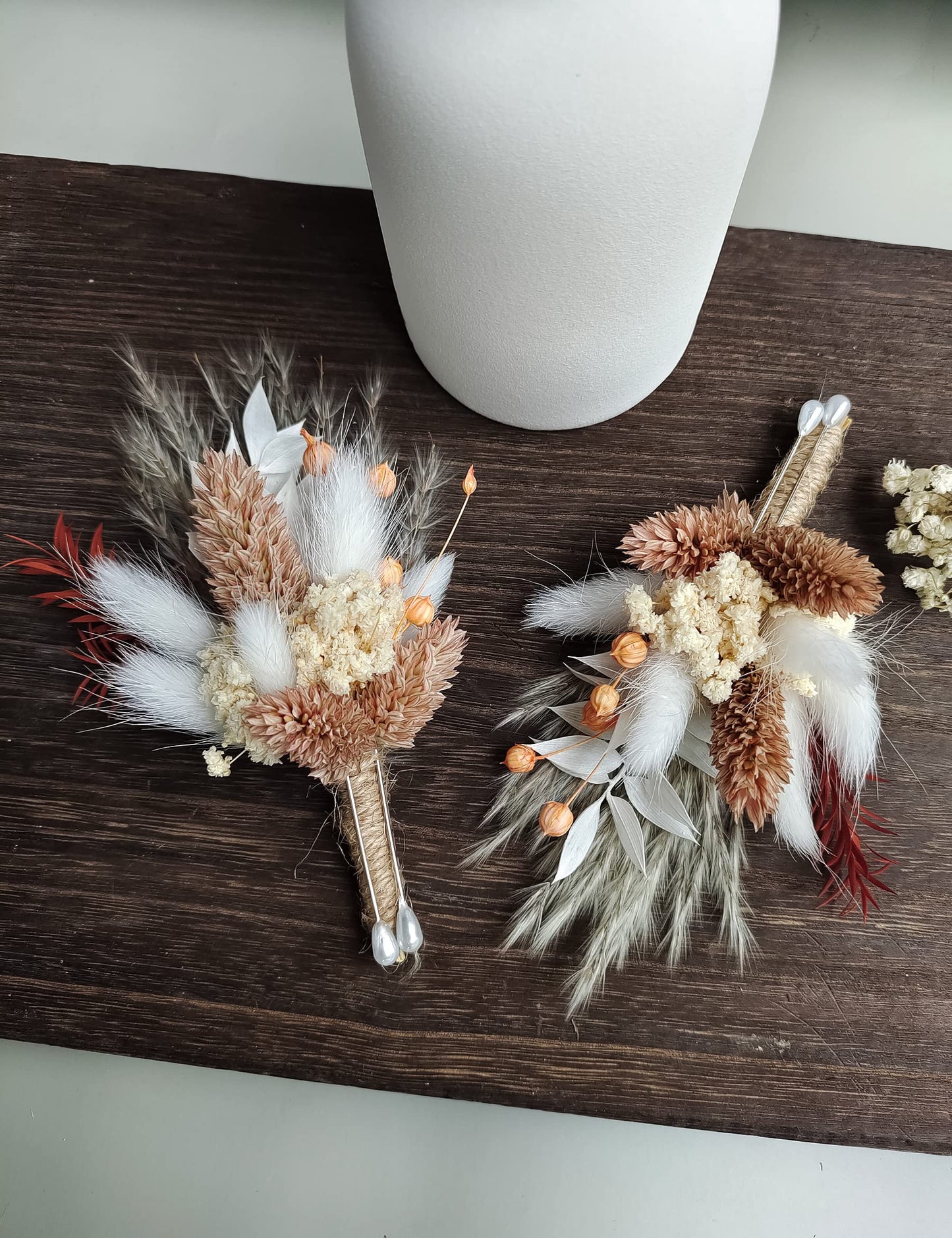 Dried Flowers Boutonnieres 2-Piece Set for Men Wedding Groom Boho Pampas White Boutonniere (White)