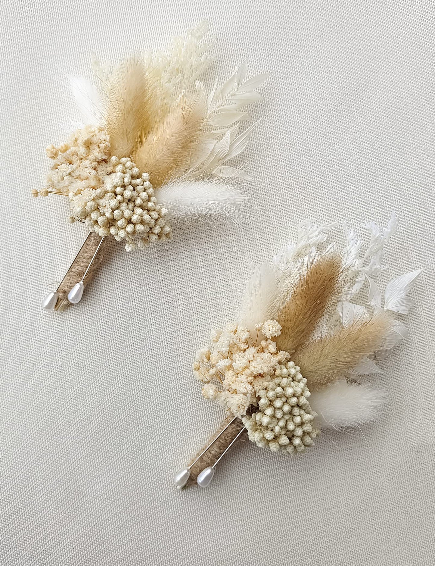 Dried Flowers Boutonnieres 2-Piece Set for Men Wedding Groom Boho Pampas White Boutonniere (White)