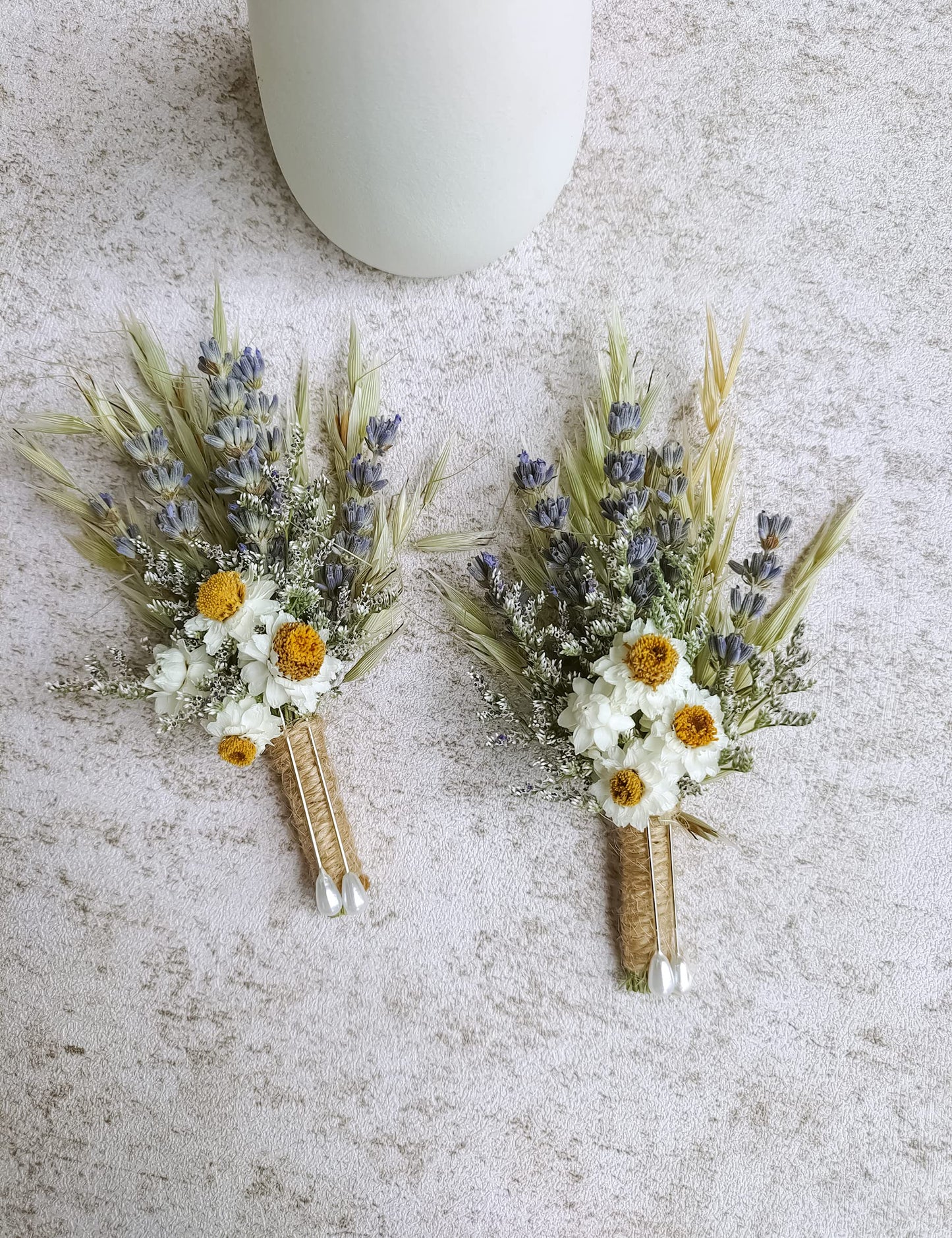 Dried Flowers Boutonnieres 2-Piece Set for Men Wedding Groom Boho Pampas White Boutonniere (White)