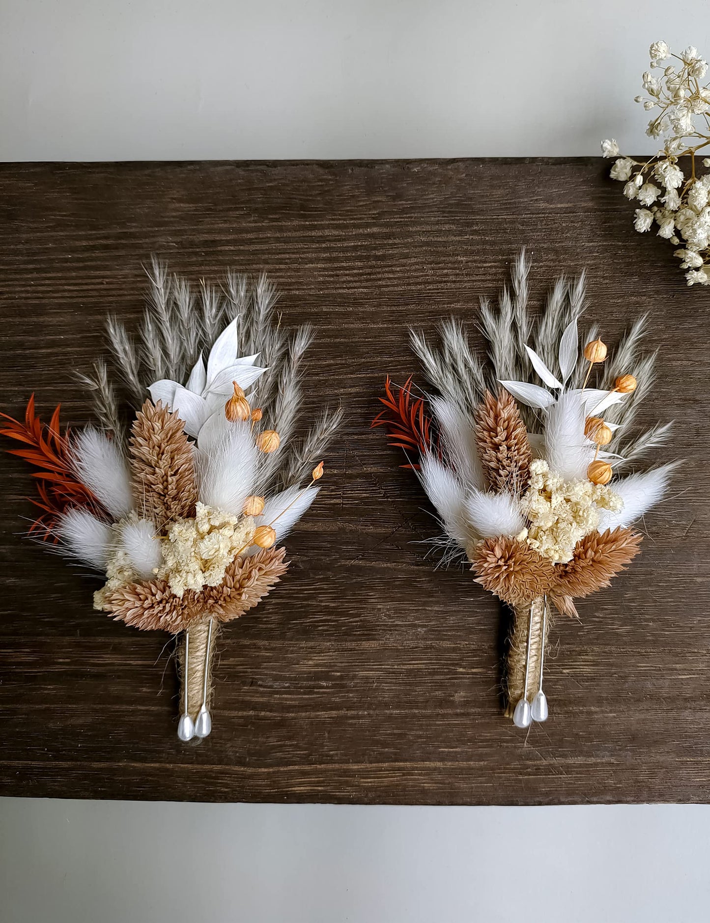 Dried Flowers Boutonnieres 2-Piece Set for Men Wedding Groom Boho Pampas White Boutonniere (White)