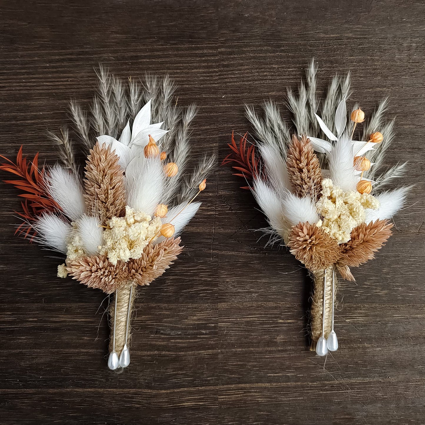 Dried Flowers Boutonnieres 2-Piece Set for Men Wedding Groom Boho Pampas White Boutonniere (White)