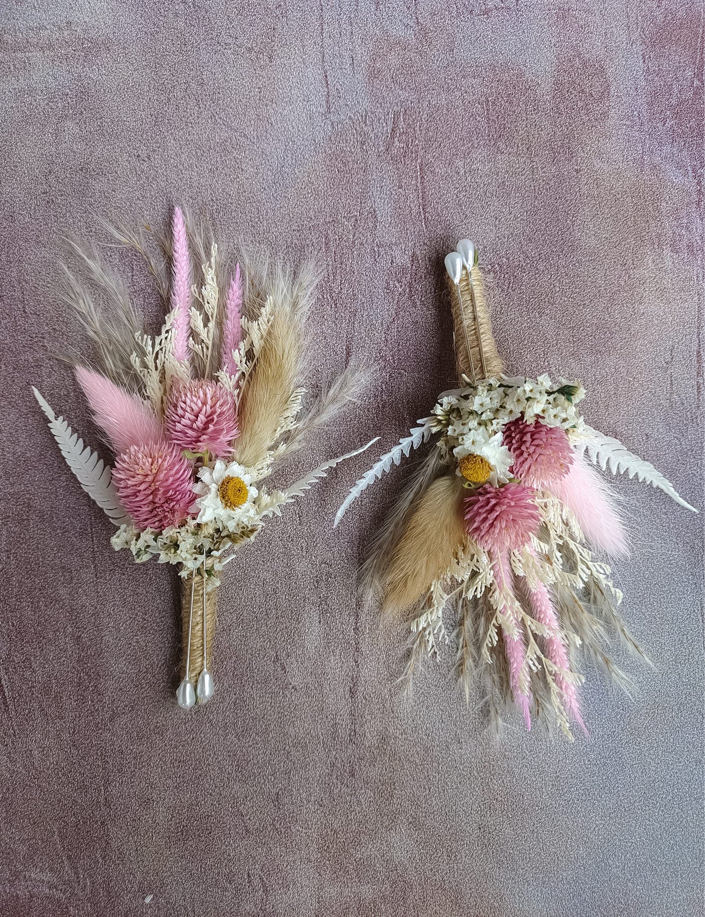 Dried Flowers Boutonnieres 2-Piece Set for Men Wedding Groom Boho Pampas White Boutonniere (White)